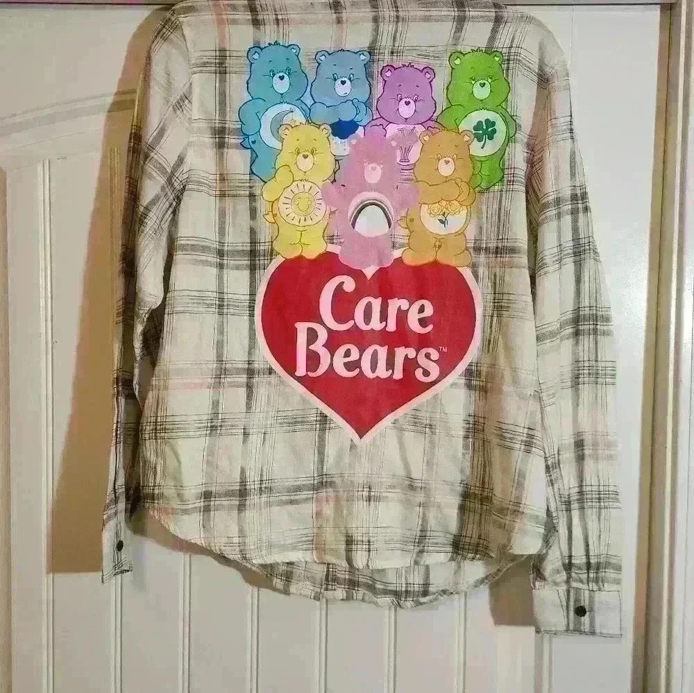 Care bears logo, women's lightweight flannel, size med. Gray, cream, button-up